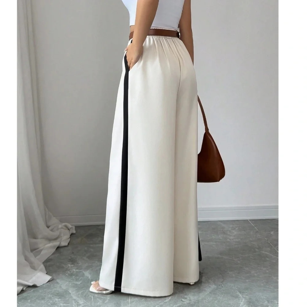 Classic Solid Stretchy Waist Pleated Pockets Wide leg Trouser Pants
